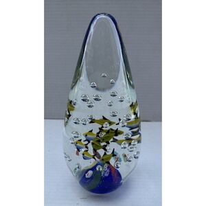 Murano Style Large 9" Tropical Yellow Blue Fish Clear Glass Paperweight